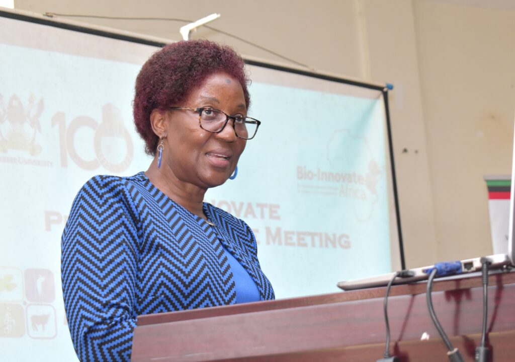 The Principal of CAES, Dr Gorettie N. Nabanoga delivers her remarks at the workshop.