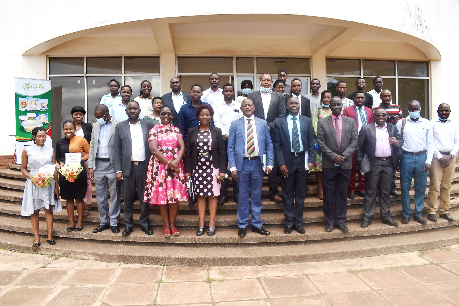 The Vice Chancellor, Prof. Barnabas Nawangwe (6th R) together with the ED UNBS, Mr. David Livingstone Ebiru (5th R), Principal CAES, Dr. Gorettie Nabanoga (6th L), the INSBIZ Project team and representatives from the International Centre of Insect Physiology and Ecology (icipe) and Uganda National Bureau of Standards (UNBS) after the launch of edible insect products and standards on 28th March 2022.