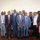 Mr. Fred Ngabirano, Commissioner, Children and Youth Affairs, Ministry of Gender, Labour and Social Development (9th L) with Principal CoBAMS-Prof. Eria Hisali (5th L), Dean SSP-Dr. James Wokadala (7th L), Ag. Head DPS & PI-Dr. Stephen O. Wandera and other participants at the dissemination on 10th March 2022.