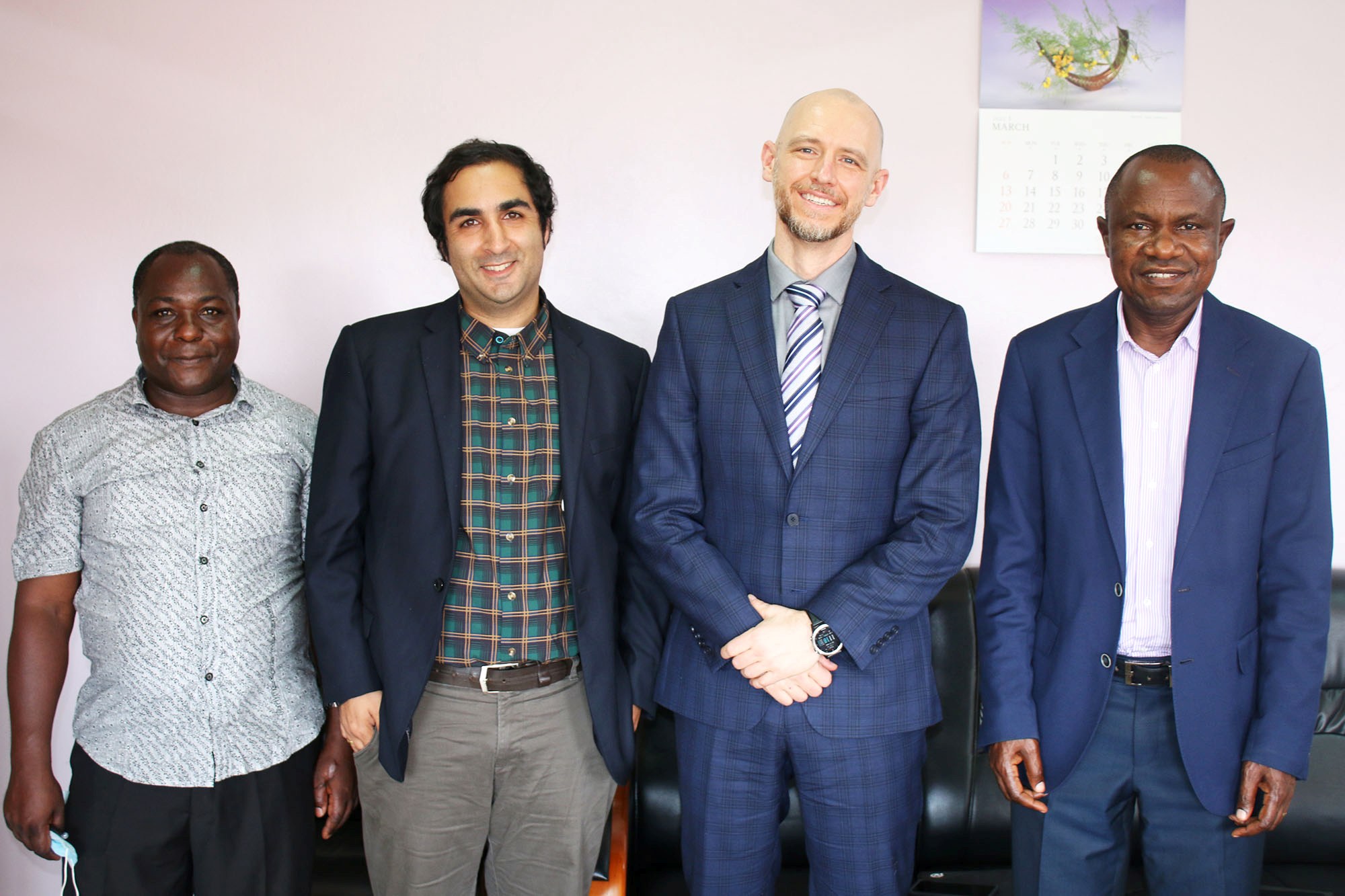 L-R: Dr. Thomas Mwebaze, Chair of the Department of Policy and Development Economics, Dr. Vesall Nourani, Senior Research Associate and Director of the Development Innovation Lab, Dr. Benjamin Krause, Director of the Development Innovation Lab and Assoc. Prof. Eria Hisali, Principal, College of Business and Management Sciences at the meeting on 11th March 2022, Makerere University.