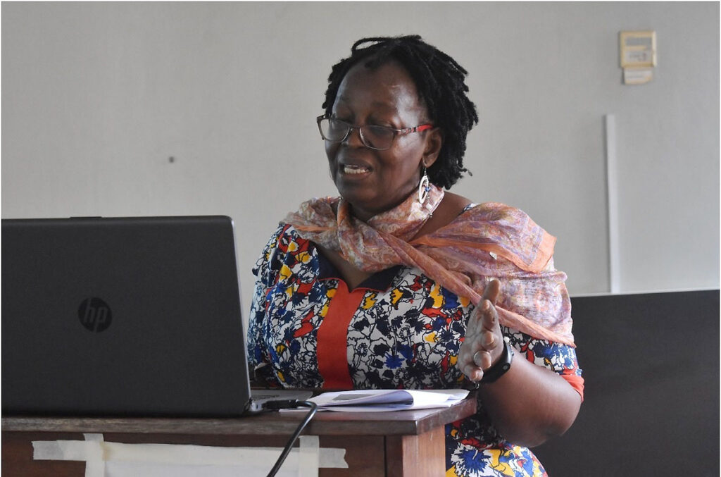 Prof. Grace Bantebya Kyomuhendo, Head GAMSU, presenting to College Principals and Deputy Principals the support GAMSU offers and how the Unit operates.