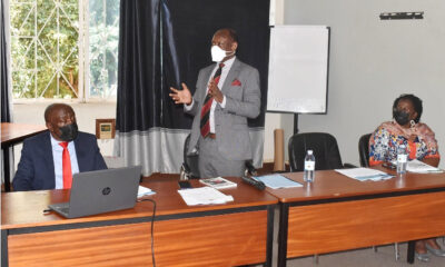 The Vice Chancellor, Prof. Barnabas Nawangwe (C) with the Ag. DVCFA & Chair GAMSU Steering Committee-Prof. Henry Alinaitwe (L) and Head GAMSU-Prof. Grace Bantebya Kyomuhendo (R) at the meeting on 21st March 2022, Telepresence Centre, Makerere University.