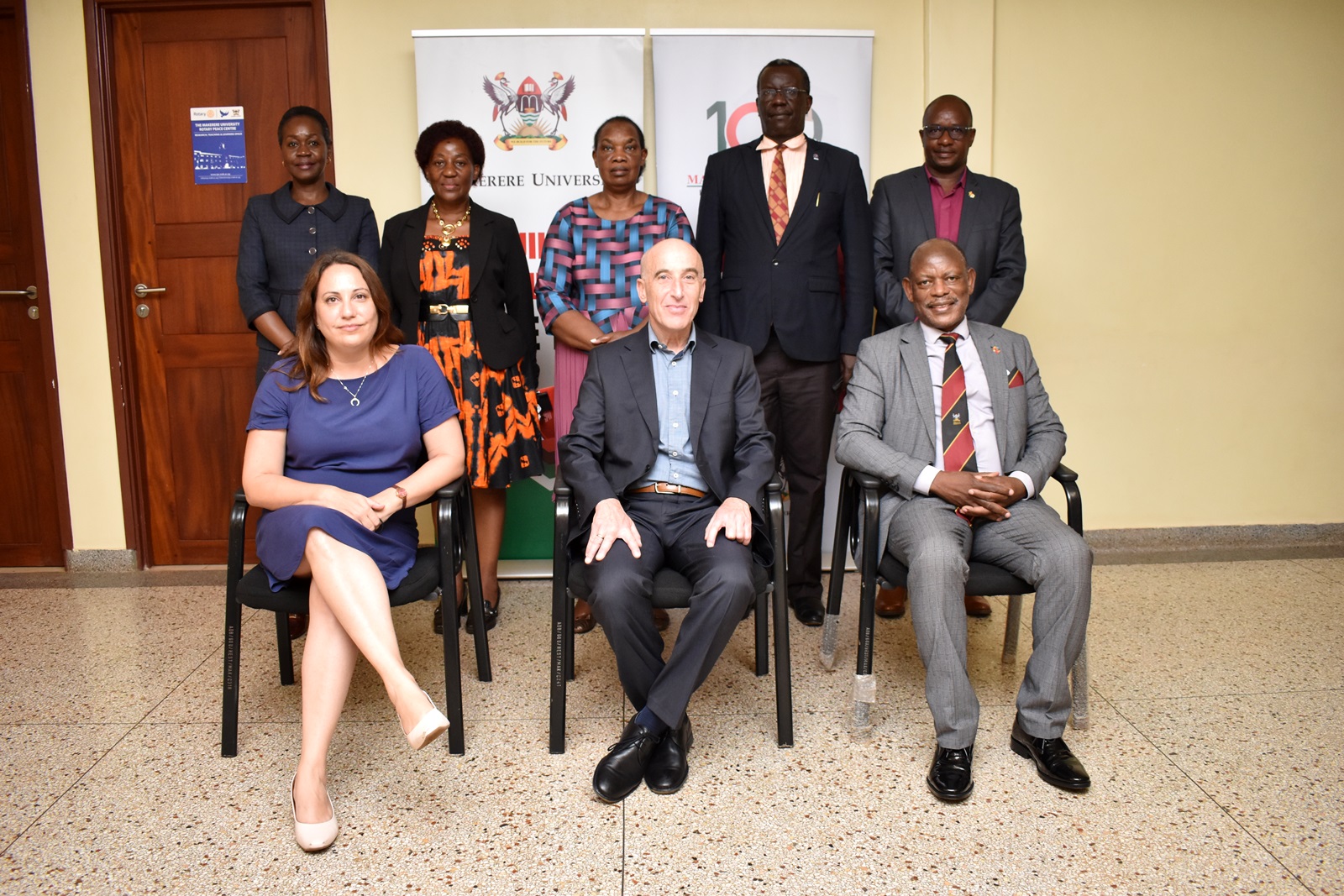 Front Row: Israeli Ambassador-H.E. Michael Lotem (C), Deputy Ambassador-H.E. Dvora Dorsman Yarkoni (L) and the Vice Chancellor-Prof. Barnabas Nawangwe (R) with (Standing L-R), Dean of Students-Mrs. Winifred Kabumbuli, Principal CAES-Assoc. Prof. Gorettie Nabanoga, University Librarian-Assoc. Prof. Helen Byamugisha, Director Internal Audit-Mr. Walter Yorac Nono and Brand and Marketing Manager/Fmr. Agrostudies Coordinator-Mr. Agaba Issa Mugabo after the courtesy call on 29th March 2021, CTF1, Makerere University.