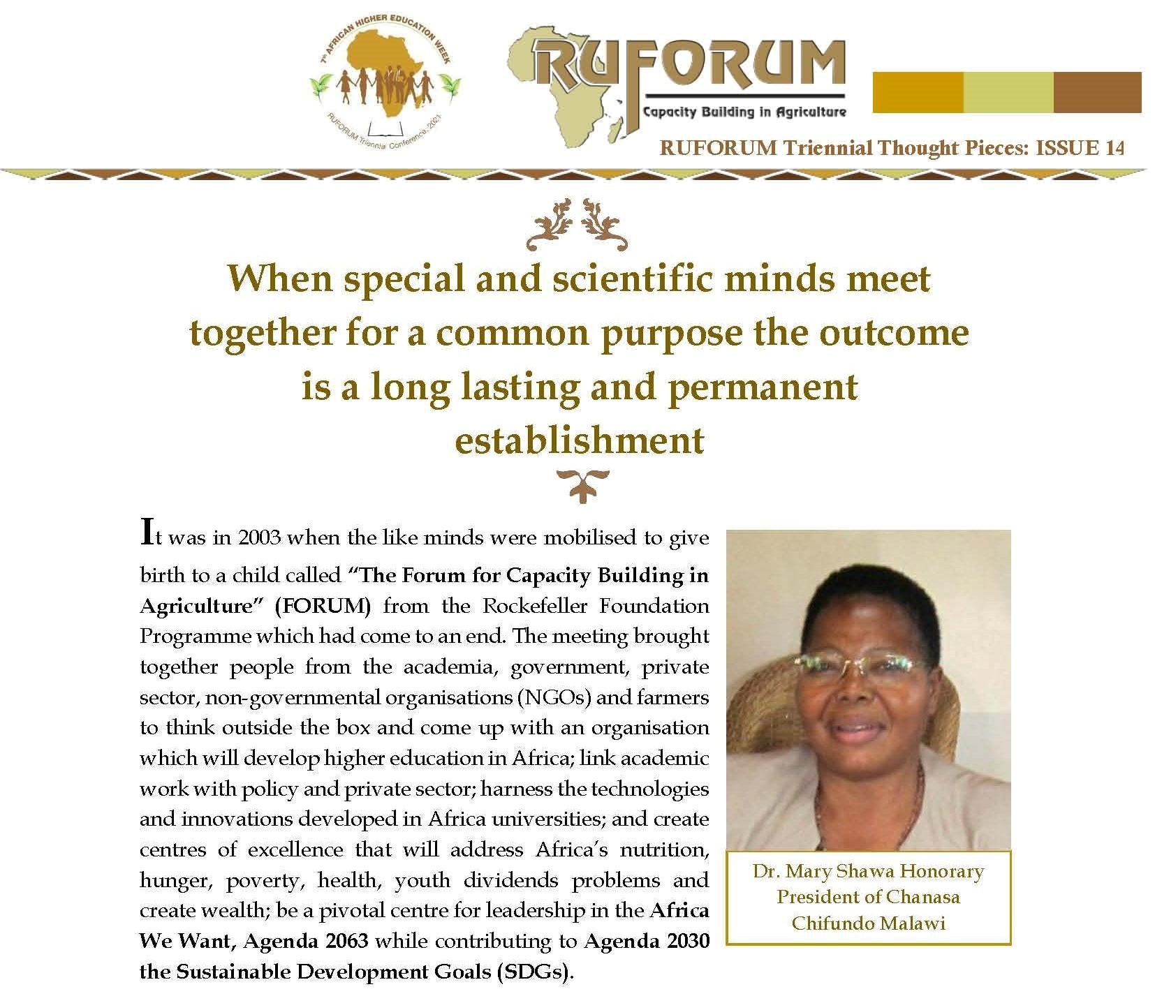RUFORUM Triennial Thought Pieces: ISSUE 14 by Dr. Mary Shawa, Honorary President of Chanasa Chifundo Malawi.