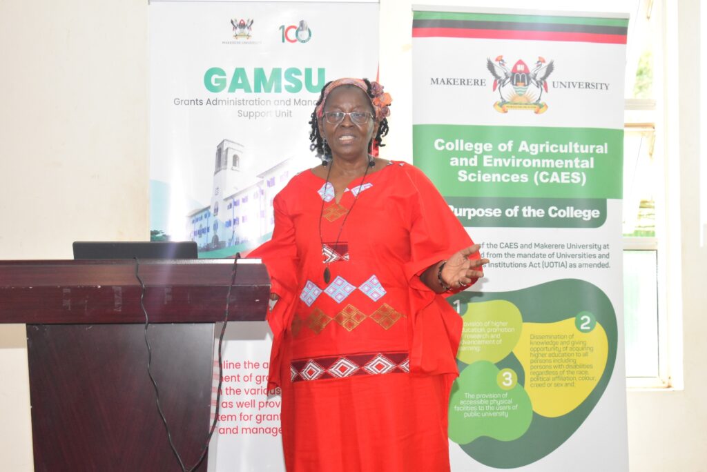 Prof. Grace Bantebya Kyomuhendo briefing CAES staff on the purpose of the Grants Administration and Management Support Unit (GAMSU).