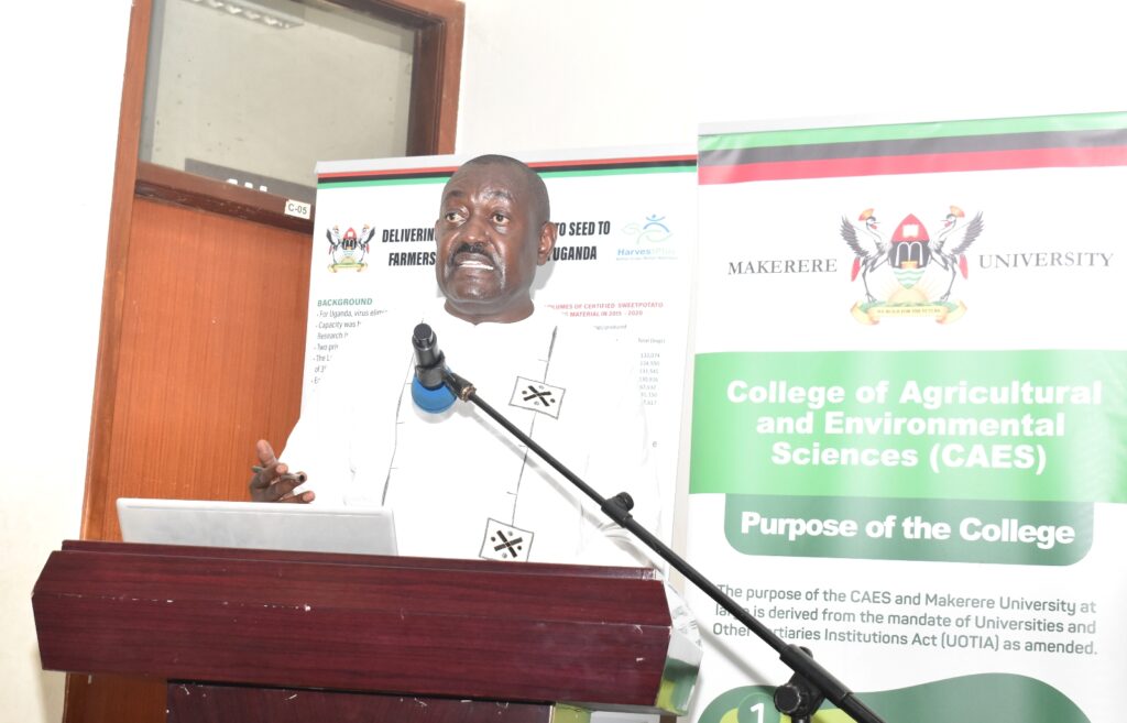 Mr. Paul Mwambu, Commissioner in charge of Crop Inspection and Certification at the MAAIF addresses participants.