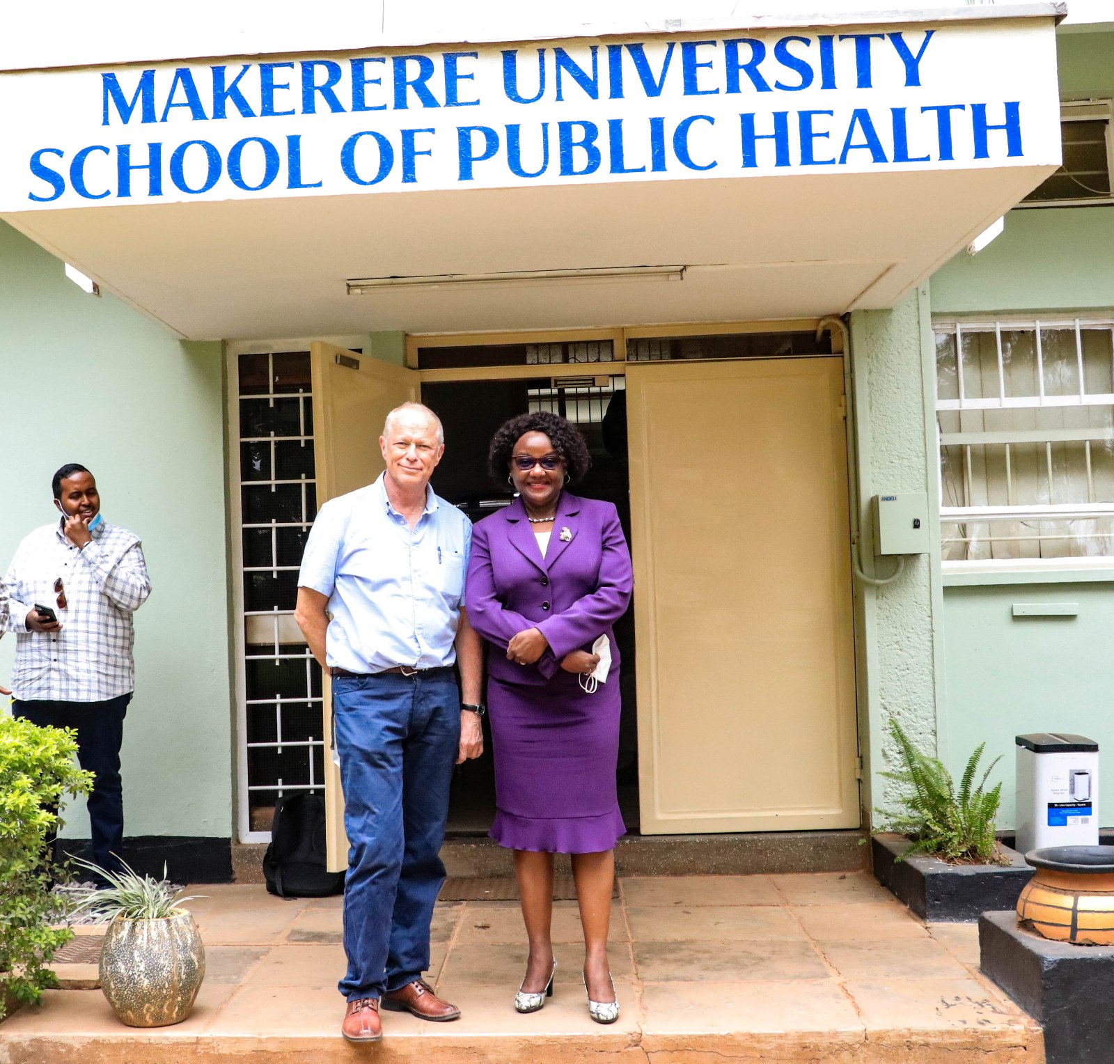 The Dean MakSPH-Prof. Rhoda Wanyenze (R) with Prof. Stefan Swartling Peterson during a visit by the team from Karolinska Institutet on 21st March 2022, Makerere University.