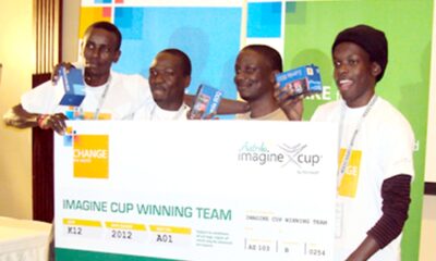 The Cipher 256 Team L-R: Joshua Okello, Josiah Kavuma, Joseph Kaizzi (their mentor) and Aaron Tushabe after winning the Microsoft Imagine Cup competition with their WinSenga Mobile App.