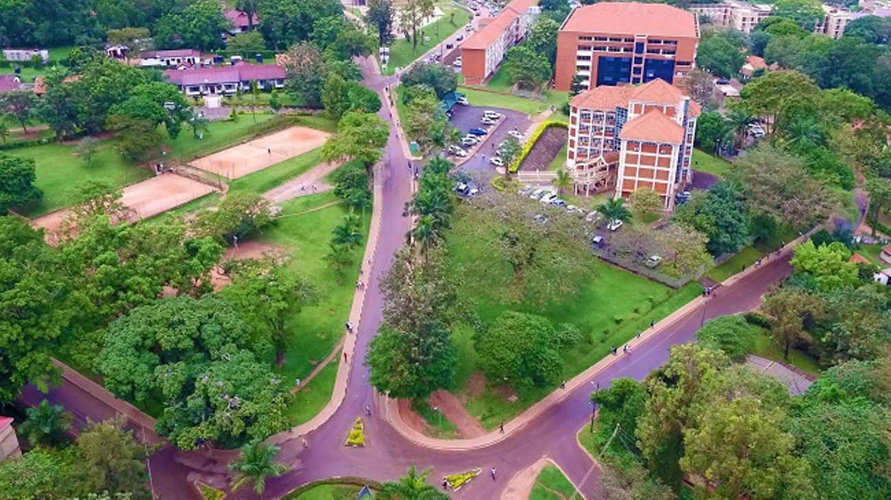 An aerial view of L-R: The Makerere University Guest House and Tennis Courts, Lincoln Flats, CoCIS Block B and Block A as seen by a drone hovering over the CCE Roundabout, Makerere University. Photo credit: KCCA