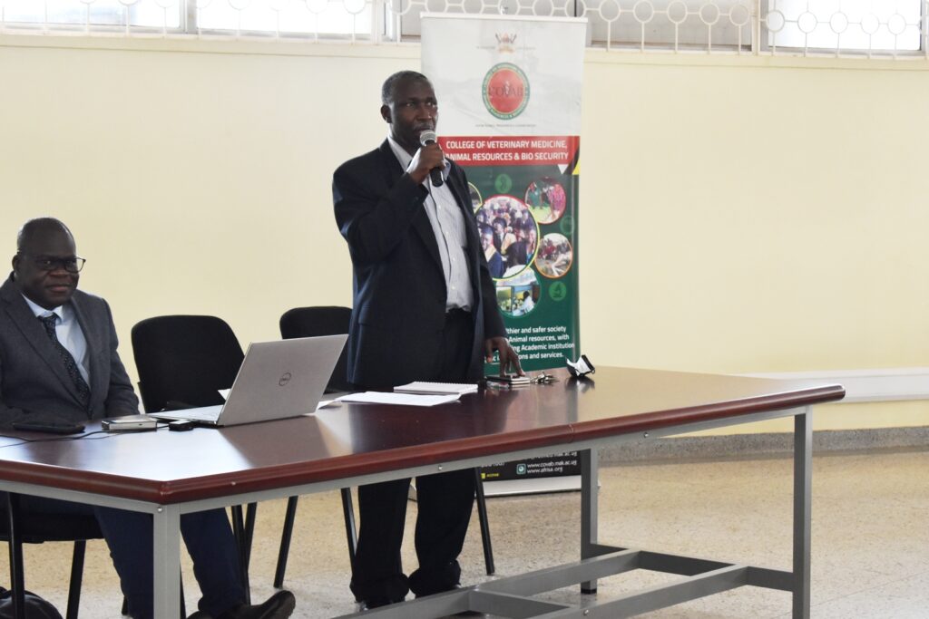 Prof. Robert Tweyongyere, Dean SVAR (Right) makes opening remarks. Seated on his right is Dr. Patrick Pithua a facilitator.