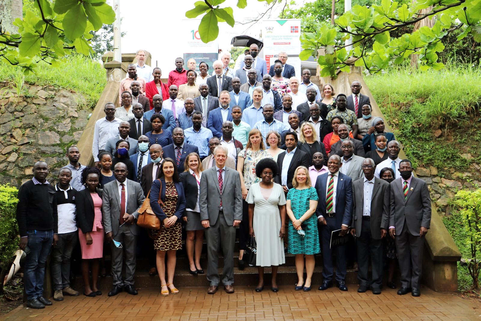 Hon. Dr. Monica Musenero (5th R), Arne Haug-Royal Norwegian Embassy (6th L), Vice Chancellor, Prof. Barnabas Nawangwe (3rd R), Ms. Solbjørg Sjøveian (4th R), Prof. Buyinza Mukadasi (R), Prof. Livingstone Luboobi (2nd R), Assoc. Prof. John Mango (4th L), dignitaries and delegates at the NORHED Week Opening Ceremony, 25th April 2022, CEDAT, Makerere University.