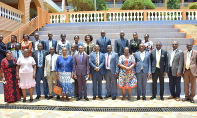 The Vice Chancellor, Prof. Barnabas Nawangwe (Front Row Centre) flanked by the DVCAA-Associate Prof. Umar Kakumba (on his left), Ag. DVCFA- Prof. Henry Alinaitwe (4th Right), Head of Mak-RIF-Prof Fred Masagazi Masaazi (6th Right) and Head GAMSU-Prof. Grace Bantebya Kyomuhendo (5th Right) join other management officials in a group photo after a meeting held at Hotel Africana, Kampala on 4th April 2022..
