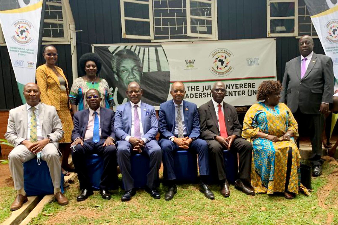 Seated: The United Republic of Tanzania High Commissioner to Uganda H.E. Dr. Aziz Ponary Mlima (3rd R) with the Vice Chancellor, Prof. Barnabas Nawangwe (3rd L) and other officials at the Julius Nyerere Leadership Centre (JNLC), Makerere University, during the Nyerere at 100 Commemorations on 13th April 2022.