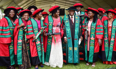 The Director, Research and Graduate Training (DRGT), Prof. Buyinza Mukadasi (Centre black cap) poses with some of the PhD Graduands from CHS, CoNAS and the School of Law during the First Session of Makerere University's 72nd Graduation Ceremony on 23rd May 2022.
