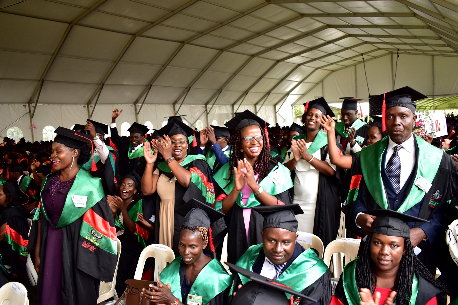 Masters graduands from CAES jubilate upon hearing their names during the 72nd Graduation of Makerere University on 24th May 2022.