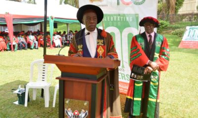 The Ag. Deputy Vice Chancellor (Finance & Administration) and Principal CEDAT, Prof. Henry Alinaitwe (L) presents candidates for the conferment of degrees and other awards for excellent performance during the Fifth and Final Session of Makerere University's 72nd Graduation Ceremony on 27th May 2022. Right is Dr. Allan Birabi, Graduation Emcee and CEDAT Member of Staff.
