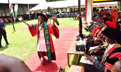 Dr. Nabawanda Olivia celebrates after graduating with a PhD in Mathematics at 31 years of age during the First Session of Makerere University's 72nd Graduation Ceremony on 23rd May 2022, Freedom Square.