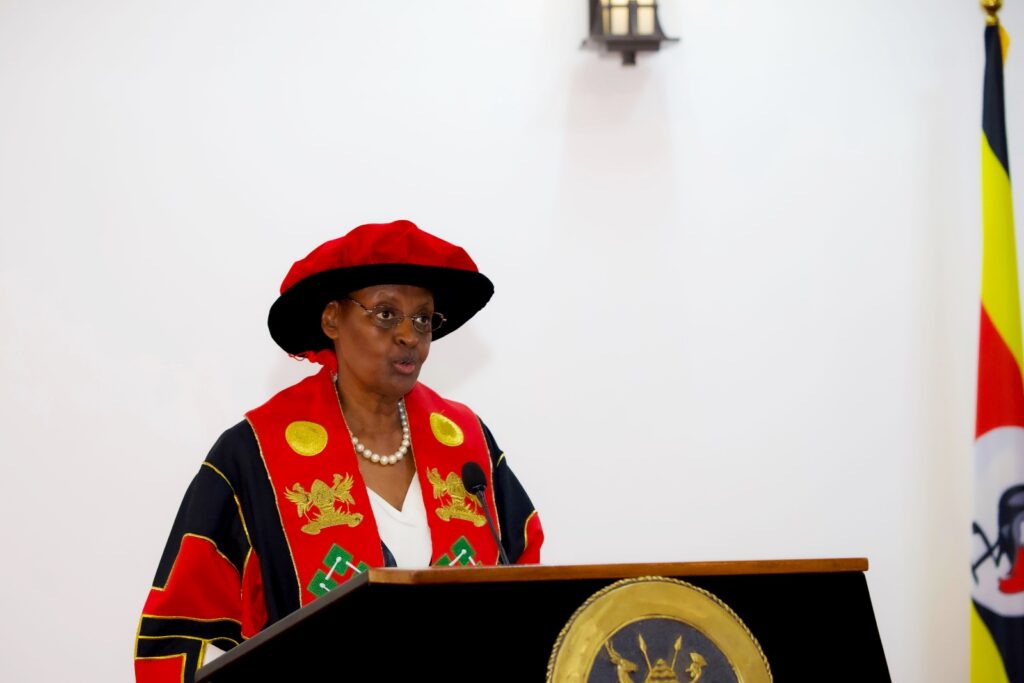 The Minister of Education and Sports, Hon. Janet Kataaha Museveni addressing the graduands. Courtesy Photo: Twitter/@JanetMuseveni