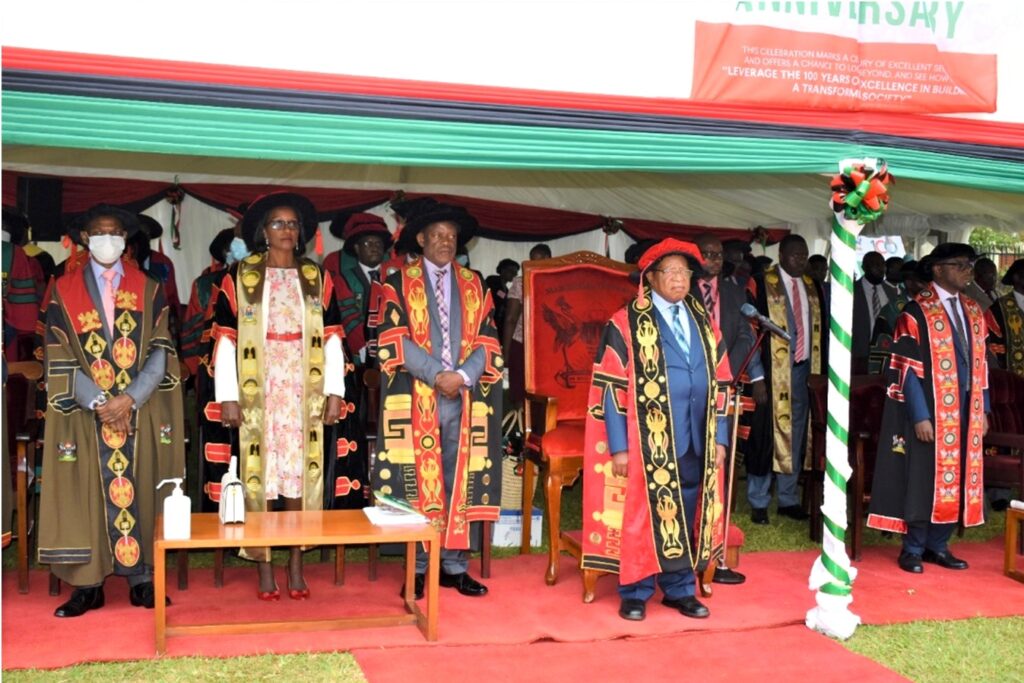The Chancellor Prof. Ezra Suruma (4th L), Chair Council Mrs. Lorna Magara (2nd L), VC Prof. Nawangwe (2nd R) and the DVCAA Prof. Umar Kakumba (L) at the 72nd Graduation Ceremony