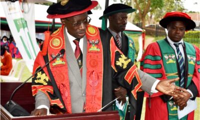 CoVAB Principal Prof. Frank Norbert Mwiine (R) , Deputy Principal Prof. James Okwee Acai (C) and Prof. Lawrence Mugisha present the best BVM students for the award during the Third Session of Makerere University's 72nd Graduation Ceremony on 25th May 2022.