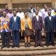 The DVCAA-Prof. Umar Kakumba (3rd R), Principal CAES-Prof. Gorettie Nabanoga (3rd L) and PI CONSORMIP-Prof. Yusuf Byaruhanga (2nd R) with College leadership and participants at the end of the workshop on 4th May 2022, SFTNB Conference Hall, Makerere University.
