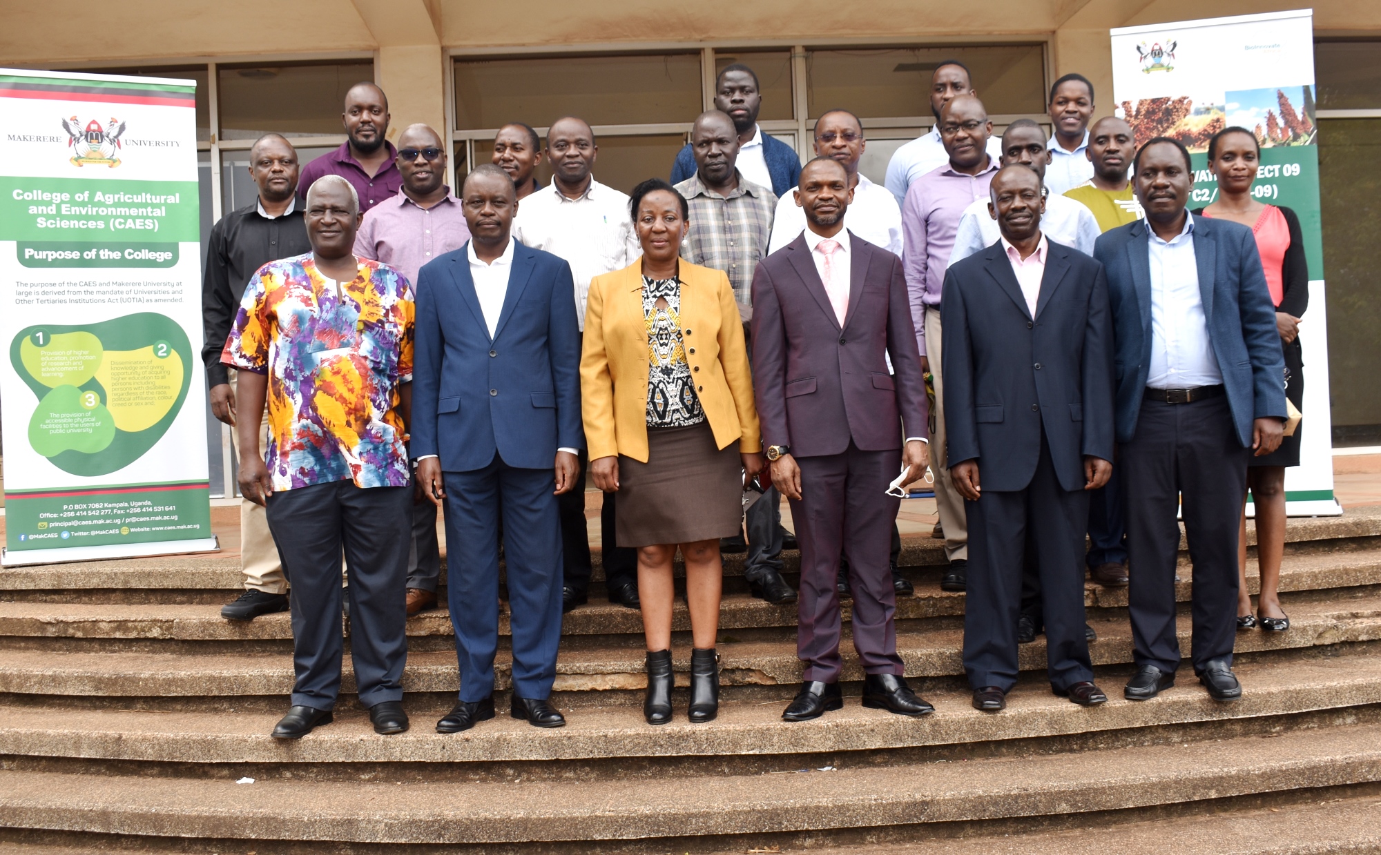 The DVCAA-Prof. Umar Kakumba (3rd R), Principal CAES-Prof. Gorettie Nabanoga (3rd L) and PI CONSORMIP-Prof. Yusuf Byaruhanga (2nd R) with College leadership and participants at the end of the workshop on 4th May 2022, SFTNB Conference Hall, Makerere University.