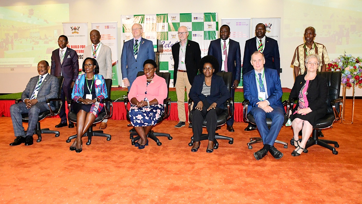 Seated: Hon. Dr. Joyce Kaducu (3rd L), Hon. Dr. Monica Musenero (3rd R), Mr. Ola Hällgren (2nd R), Mrs. Lorna Magara (2nd L), Prof. Barnabas Nawangwe (L) and Dr. Gity Behravan (R) with other officials at the Opening Ceremony commemorating 20 years of the Uganda-Sweden Research Cooperation on 9th May 2022, Speke Resort Munyonyo, Kampala.