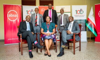 Standing L-R: The Vice Chancellor, Prof. Barnabas Nawangwe, the MD Absa Bank Uganda, Mr. Mumba Kenneth Kalifungwa and the Head, Mak@100 Secretariat with Members of Absa Management after the handover event on 10th May 2022, CTF1, Makerere University.