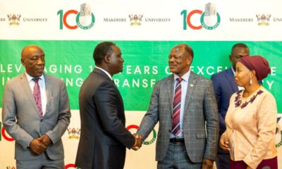 The Vice Chancellor, Prof. Barnabas Nawangwe (C) and Next Media Services CEO, Mr. Kin Kariisa (2nd L) shake hands after signing the agreement as the DVCFA, Prof. Henry Alinaitwe (L), Chairperson, Marketing and Communications Sub-Comittee Mak@100, Dr. Zahara Nampewo (R) and a Next Media official (2nd R) witness on 11th May 2022, CTF1, Makerere University.