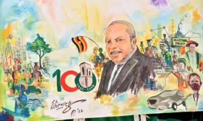 A live painting by "Artivist" Tibirusya Roland (@Tibirusya1) of proceedings at the Second of the Makerere@100 Lecture Series and Inaugural Tumusiime Mutebile Memorial Lecture held 28th April 2022 in the CTF2 Auditorium, Makerere University.