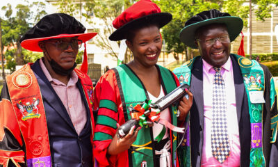 Dr. Caroline Adoch (C) flanked by the Principal, LAW-Prof. Christopher Mbazira (L) and his Deputy Dr. Ronald Naluwairo (R) at the First Session of Makerere University's 72nd Graduation Ceremony on 23rd May 2022.