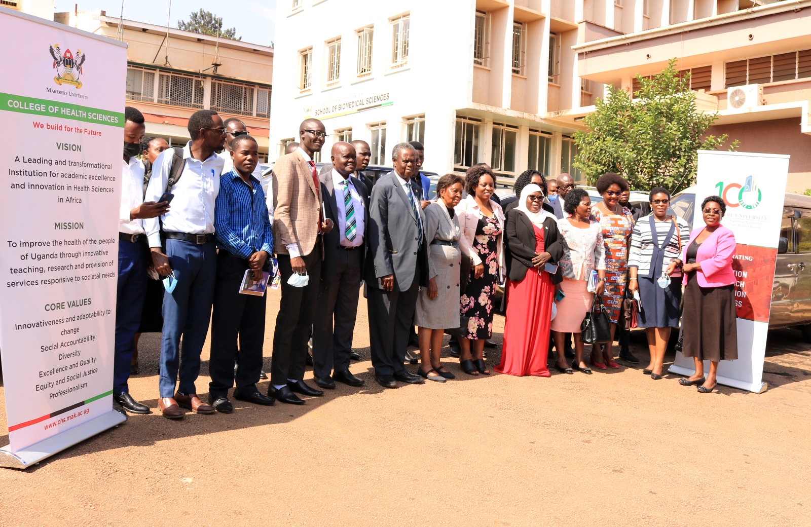 The Principal MakCHS-Prof. Damalie Nakanjako (6th R), Prof. Sarah Kiguli-PI HEPI (R), Prof. Francis Omaswa-ED ACHEST (8th R), Dr. Safina Museene-MoES (5th R), Prof. Rhoda Wanyenze (3rd R), Prof. Joel Okullo (9th R), Prof. Josephine Namboze (7th R), Prof. Elsie Kiguli-Malwadde - ACHEST (2nd R) and other Health Experts at the Symposium on 17th June 2022, MakCHS, Makerere University.