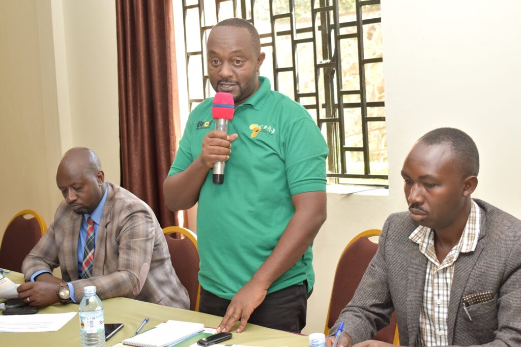 Mr. David Nuwagaba, Mbarara District Natural Resources Officer sharing his views at the stakeholders meeting 