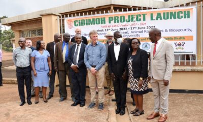 The Deputy Vice Chancellor Finance and Administration Prof. Henry Alinaitwe (R) with participants at the CIDIMOH project launch on 13th June 2022, CoVAB, Makerere University.