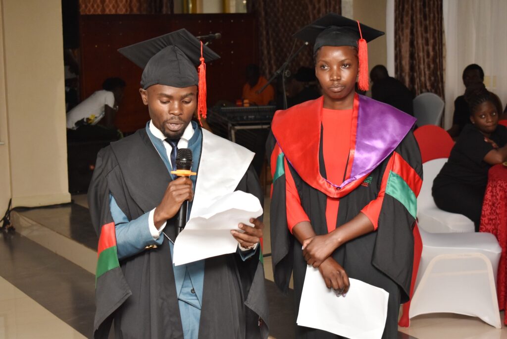 Mr. Sylas Ruhweza (L) and Ms. Angeligue Iradukunda (R) addressing the gathering on behalf of their colleagues.