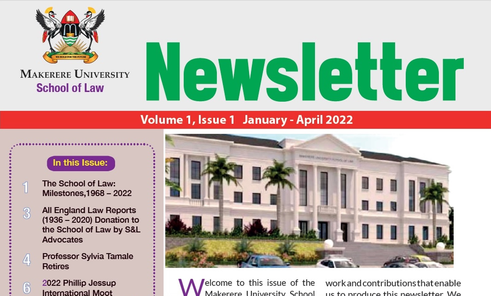 Cover page of the School of Law Quarterly Newsletter January-April 2022.