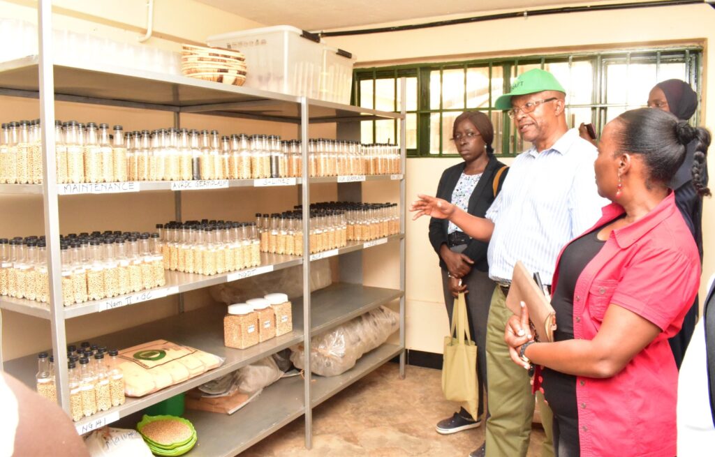 The Principal, Prof. Gorettie Nabanoga (R) touring the soybean gene bank at MUARIK.