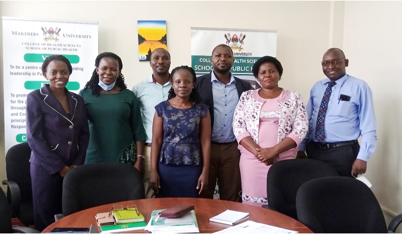 Right to Left: Dr. Onyango Jude (H.O.D) Family Medicine, Irene Rebecca Namatende (Quality Assurance Officer MakCHS), Dr. Haruna Muwonge (Physiology), Prof. Elizabeth Ekirapa (H.O.D. HPPM), Dr. Munanura Edson (Pharmacy), Adikini Josephine (School of Public Health) and Racheal Mirembe- Principal's Office MakCHS) during the site Visit to the Department of Health Policy Planning and Management (HPPM), MakSPH.