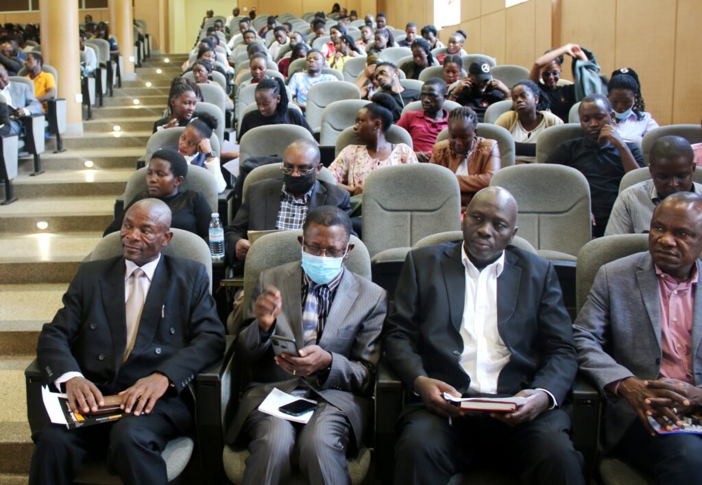 Prof. Buyinza Mukadasi (2nd L), Prof. Eria Hisali (R) and other officials at the Book Launch. 