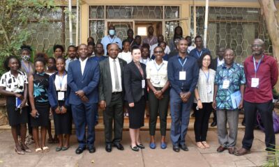 The Deputy Principal, CoNAS, Prof. Juma Kasozi (5th L), Dean School of Physical Sciences, Prof. Michael Owor (4th L), Head Department of Geology and Petroleum Studies, Dr. Arthur Batte (R), the overall DRIAR Project Coordinator, Dr. Sarah Stamps (C), and Makerere University Project Coordinator, Dr John Mary Kiberu (2nd R) with officials and participants at the opening ceremony on 11th July 2022, at the Department of Plant Sciences, Microbiology and Biotechnology Building, College of Natural Sciences (CoNAS), Makerere University.
