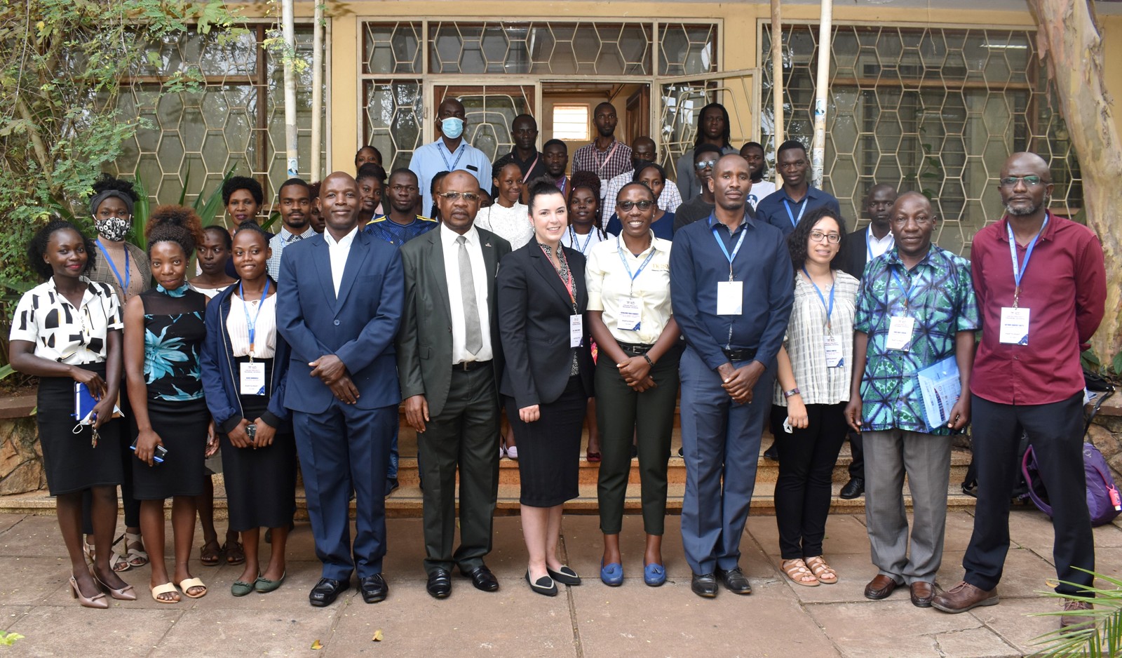 The Deputy Principal, CoNAS, Prof. Juma Kasozi (5th L), Dean School of Physical Sciences, Prof. Michael Owor (4th L), Head Department of Geology and Petroleum Studies, Dr. Arthur Batte (R), the overall DRIAR Project Coordinator, Dr. Sarah Stamps (C), and Makerere University Project Coordinator, Dr John Mary Kiberu (2nd R) with officials and participants at the opening ceremony on 11th July 2022, at the Department of Plant Sciences, Microbiology and Biotechnology Building, College of Natural Sciences (CoNAS), Makerere University.