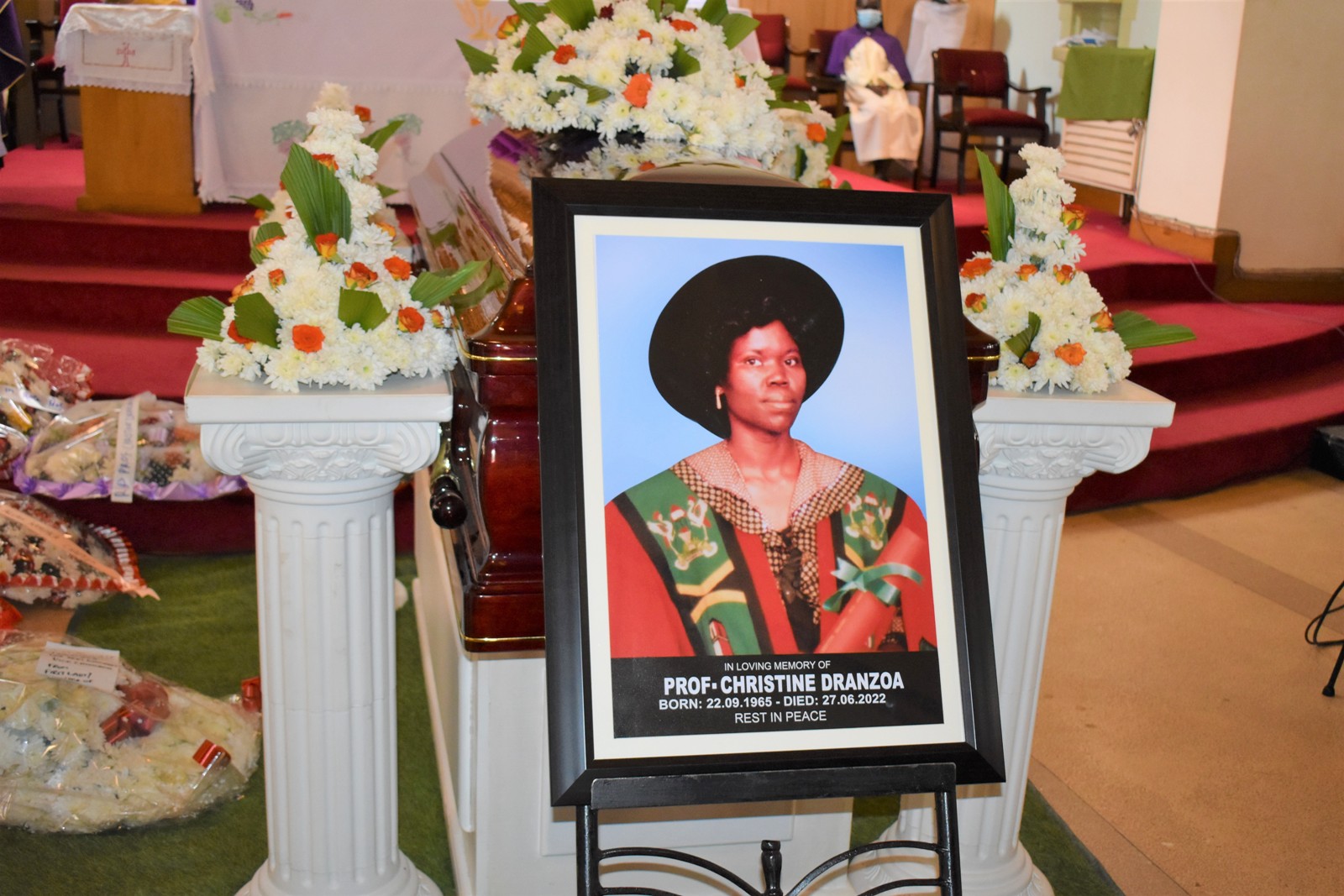 The Late Prof. Chrsitine Dranzoa lying in state at the St. Augustine Chapel, Makerere University during the Requiem Mass on 1st July 2022.