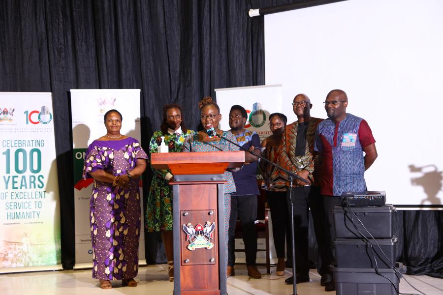 Professor Timothy Wangusa's family led by his daughter Ayeta Anne Wangusa (at podium) deliver their remarks at the celebration.