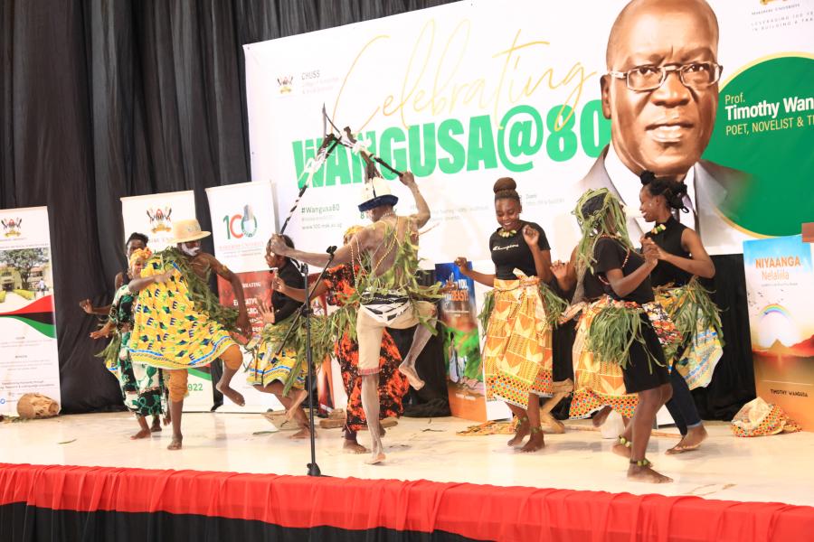 Students from the Department of Literature perform the Imbalu dance.