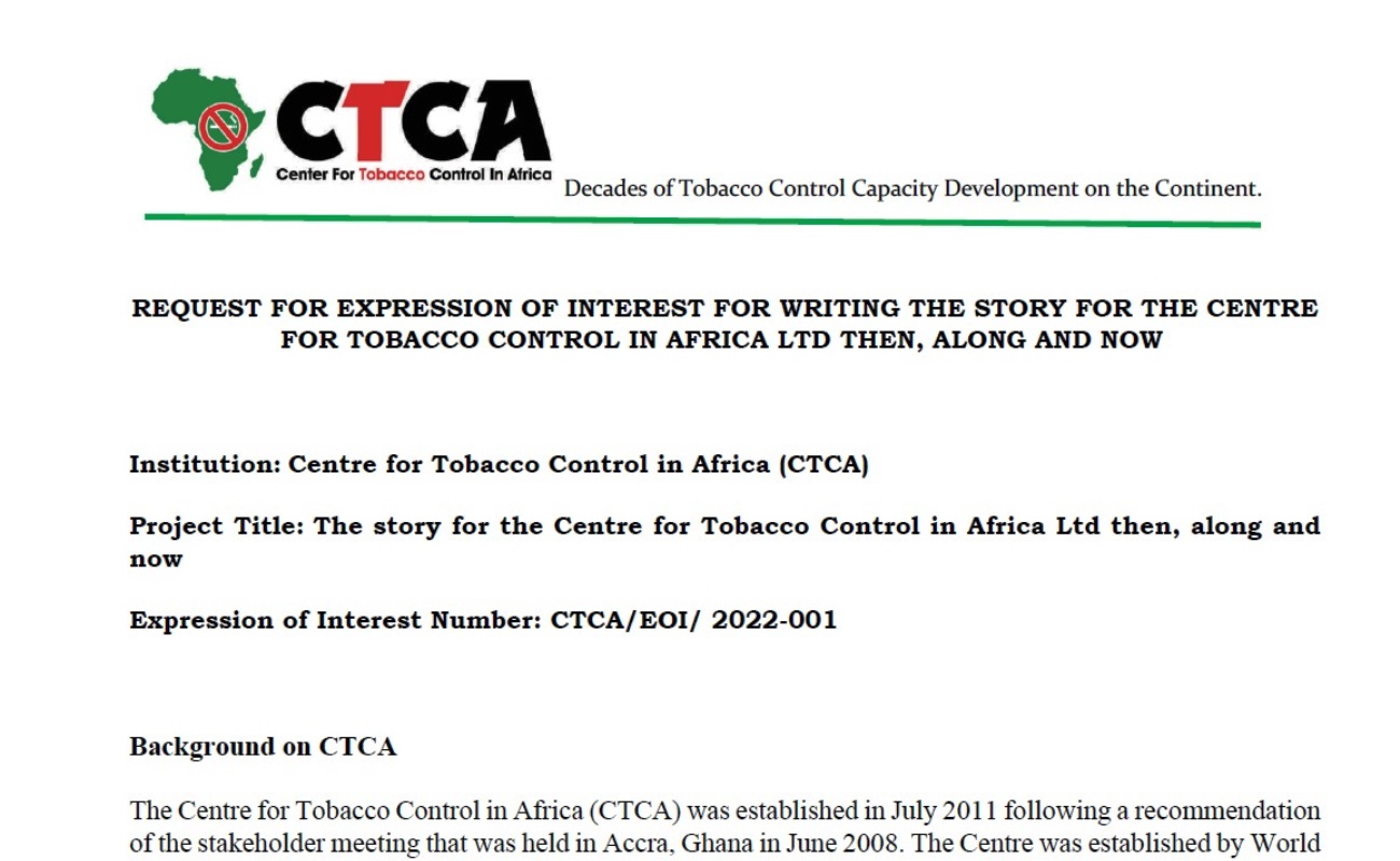 Request for Expression of Interest: Writing the Story for the Centre for Tobacco Control in Africa Ltd. Then, Along and Now.