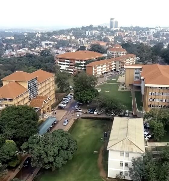 An aerial view of Left to Right: Mitchell Hall, Senate, CoCIS Blocks B and A, Lincoln Flats, Frank Kalimuzo Central Teaching Facility and School of Social Sciences (white) Buildings, Makerere University, with Kampala City in the background, October 2018. Uganda.