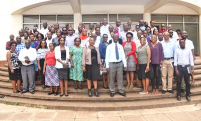 Members of staff in a group photo with the Principal, CAES, Prof. Gorettie Nabanoga (C) after presenting the Pact on 9th August 2022, SFTNB Conference Hall, Makerere University.