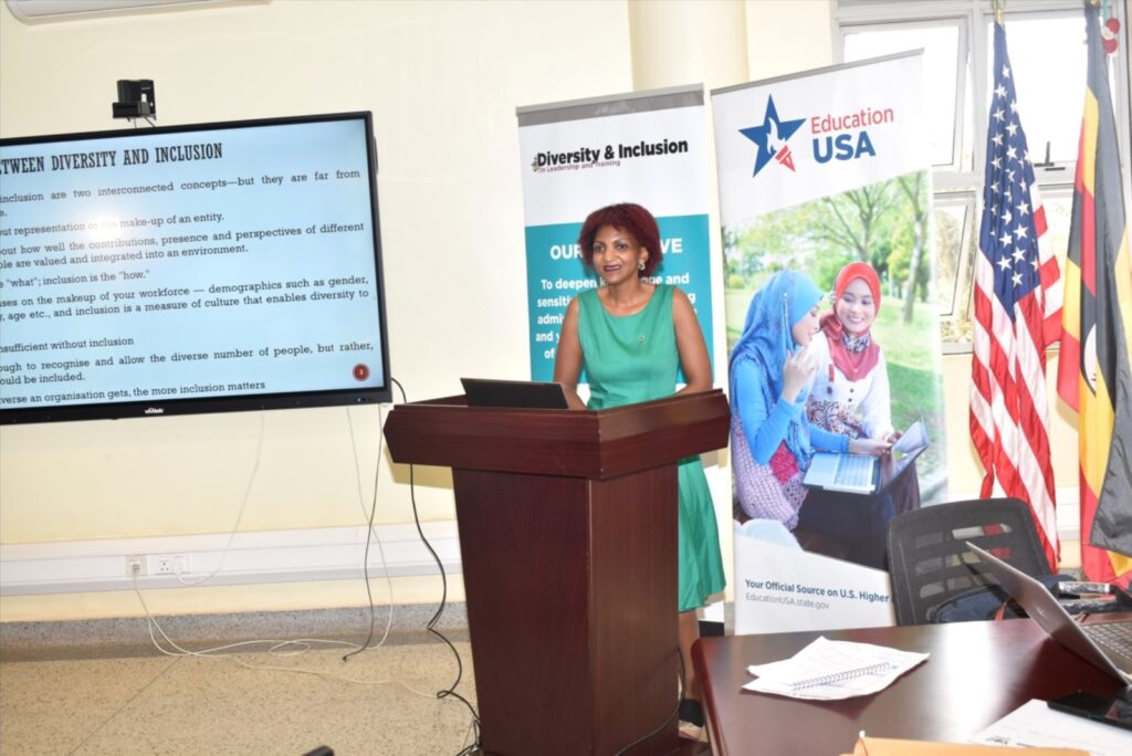 Dr. Gorretti Byomire, a Lecturer and Director Makerere University Business School Disability Resource & Learning Centre addressing participants on the importance of cultivating and nurturing inclusive environments.