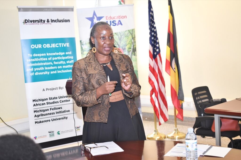 CAES Principal, Prof. Gorettie Nabanoga addressing participants at the second D&I workshop held at the Yusuf Lule Central Teaching Facility at Makerere University.