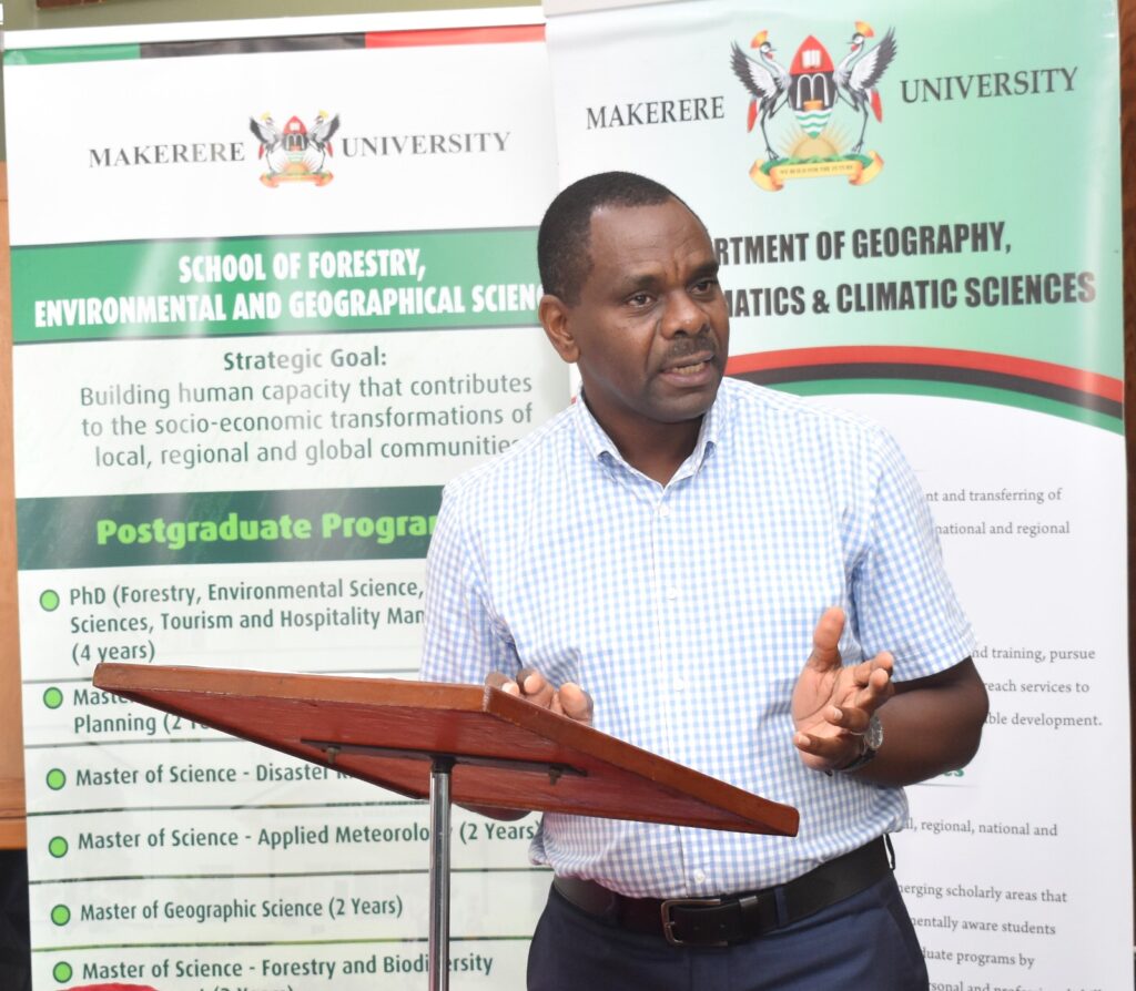 The Dean, School of Forestry, Environmental and Geographical Sciences, CAES, Prof. Fred Babweteera addressing participants.